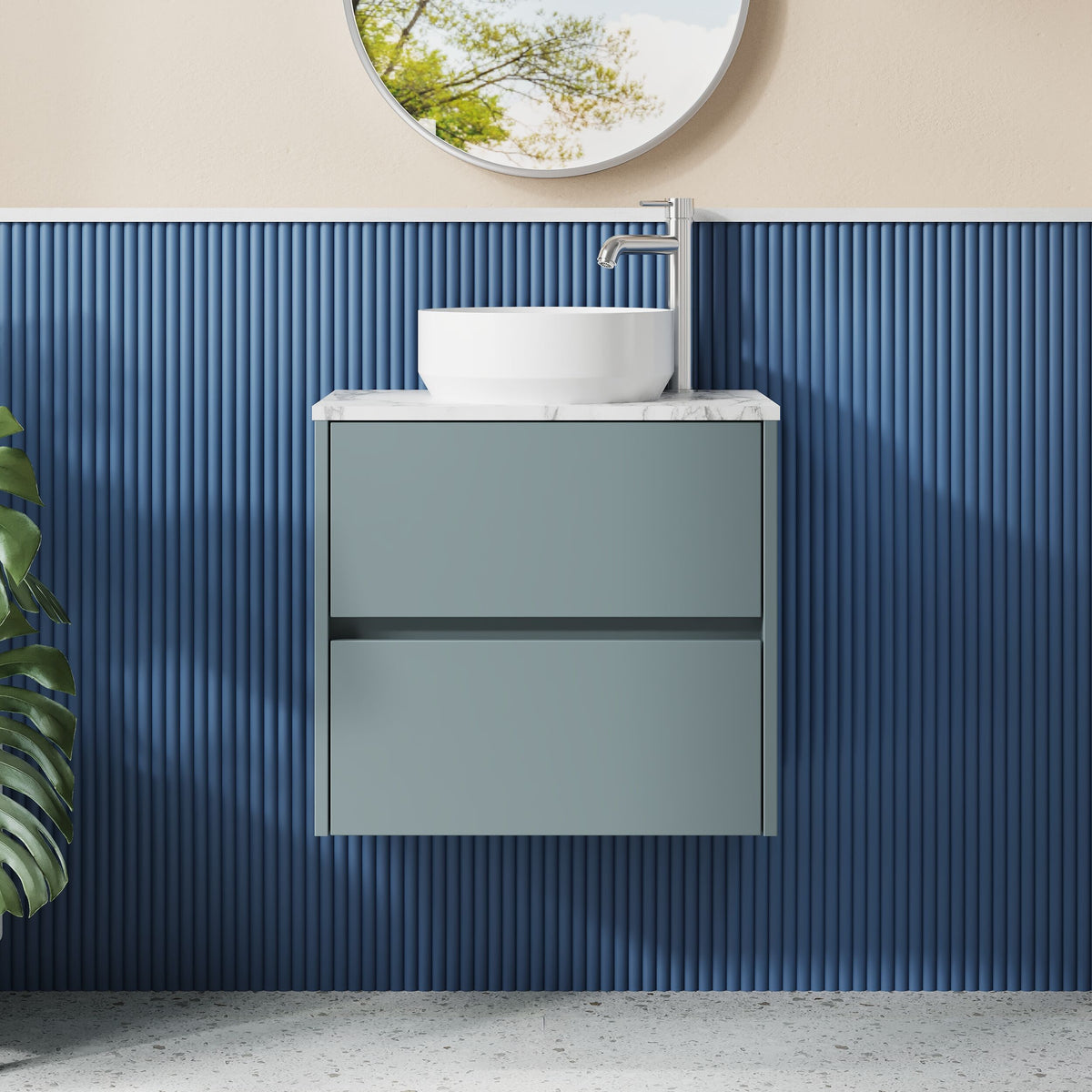 Modern Splash 600mm Coastal Grey 2 Drawer Wall Hung Vanity Unit With Carrara Laminate Worktop