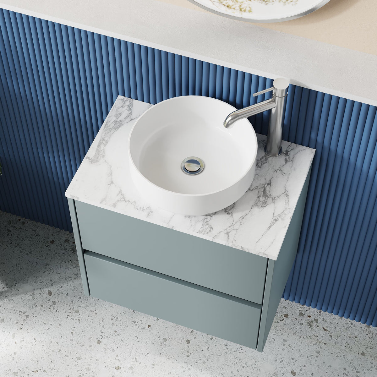 Modern Splash 600mm Coastal Grey 2 Drawer Wall Hung Vanity Unit With Carrara Laminate Worktop