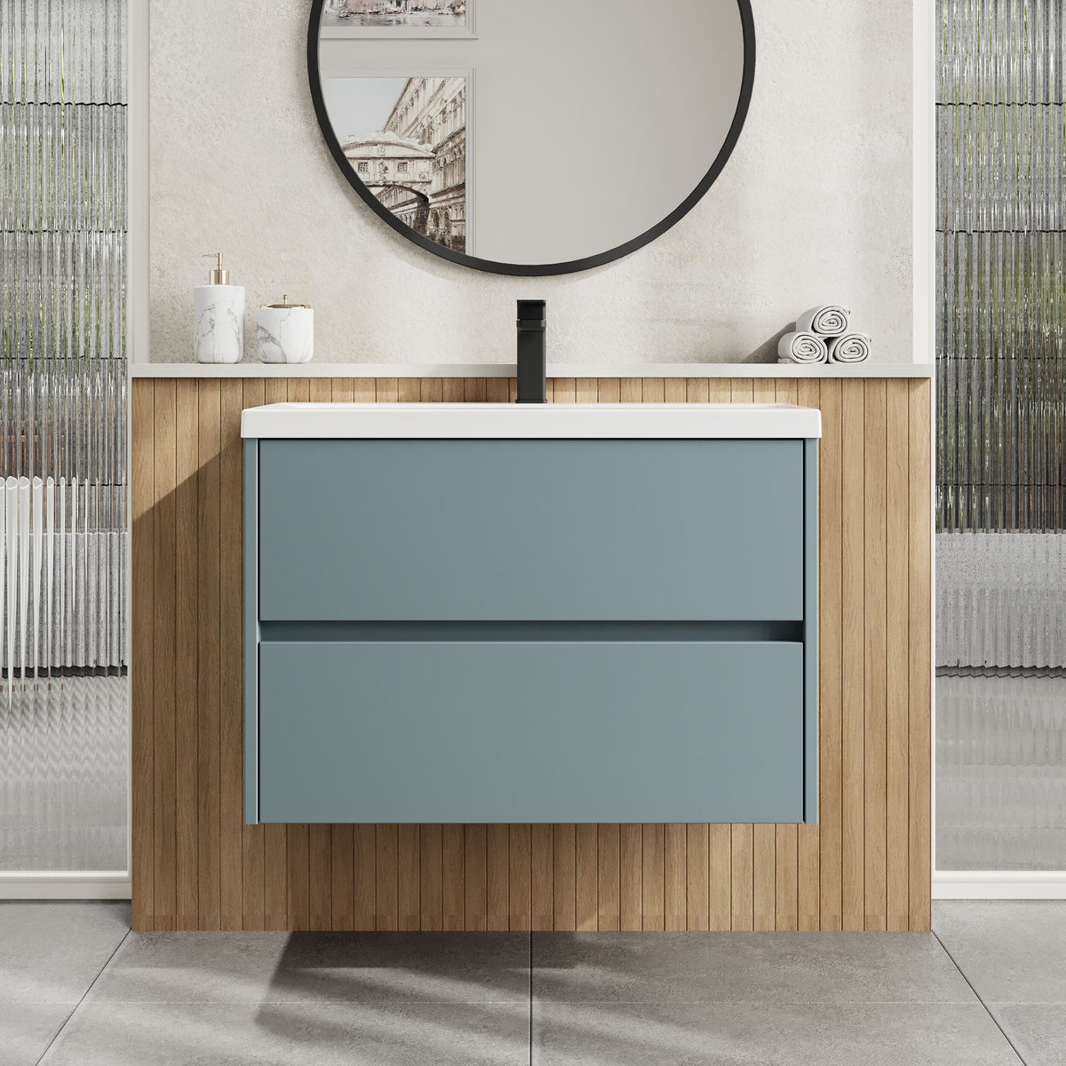 Modern Splash 800mm Coastal Grey 2 Drawer Wall Hung Vanity Unit With Mid-Edge Basin