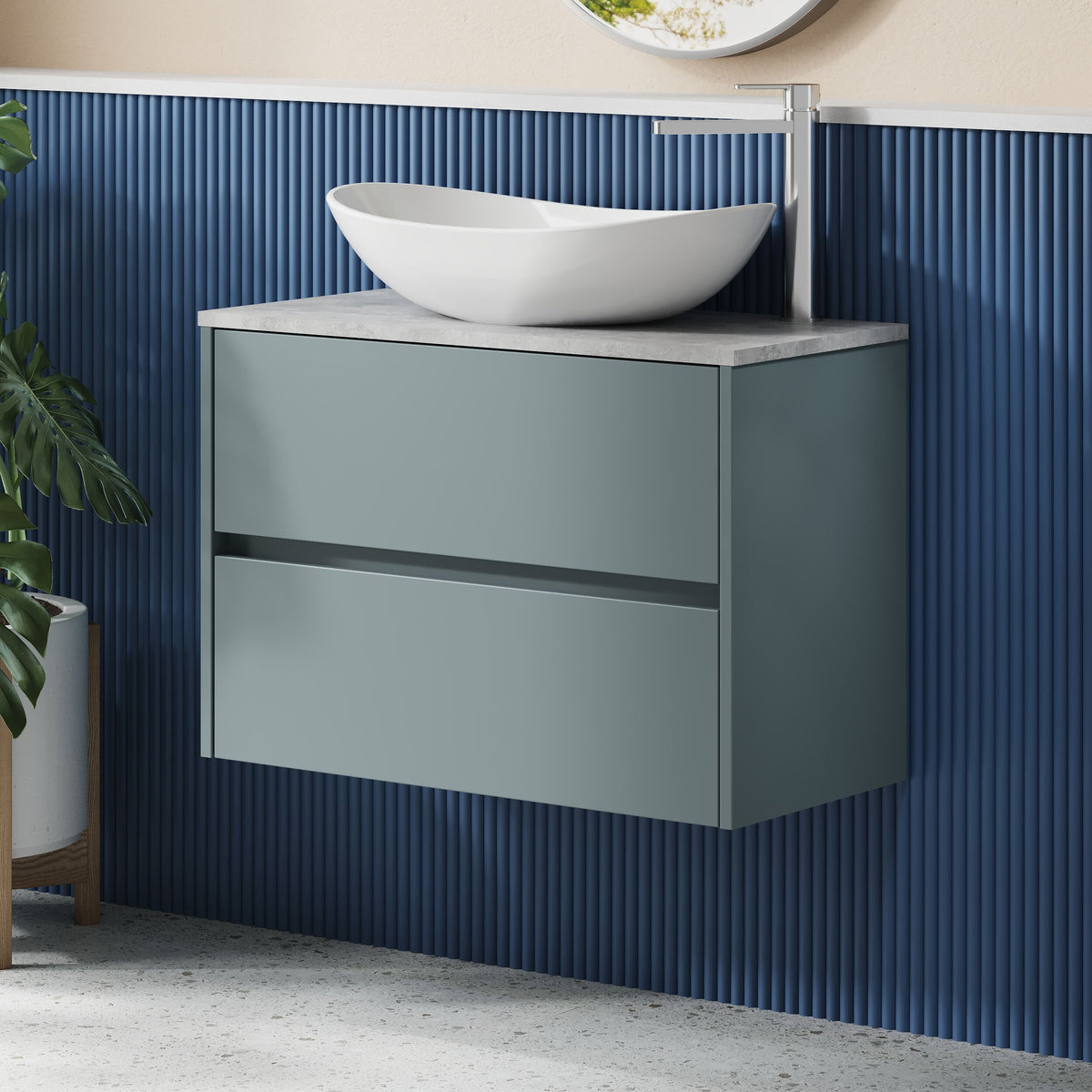 Modern Splash 800mm Coastal Grey 2 Drawer Wall Hung Vanity Unit With Bellato Grey Worktop