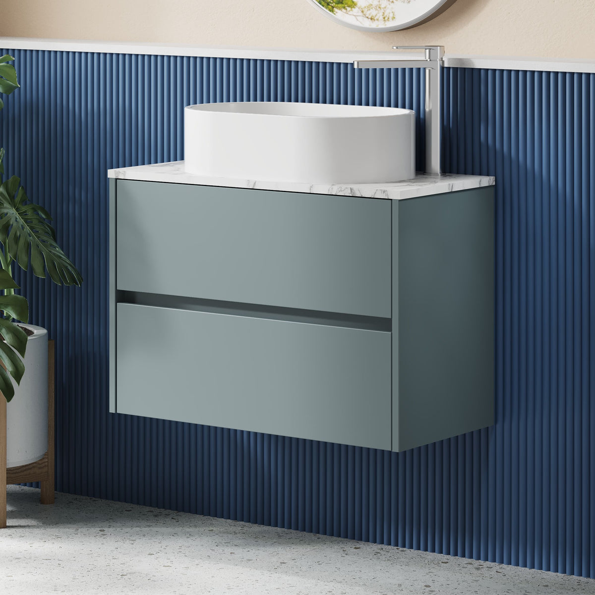 Modern Splash 800mm Coastal Grey 2 Drawer Wall Hung Vanity Unit With Carrara Laminate Worktop