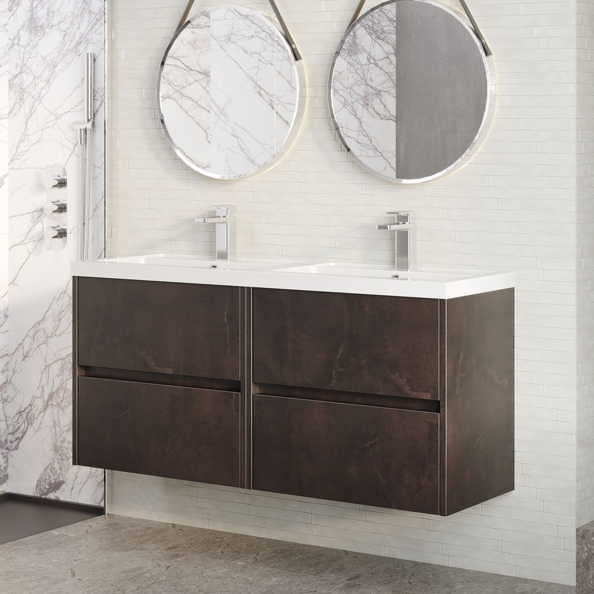 Modern Splash 1200mm Metallic Slate 4 Drawer Wall Hung Vanity Unit With 2 Tap Hole Polymarble basin
