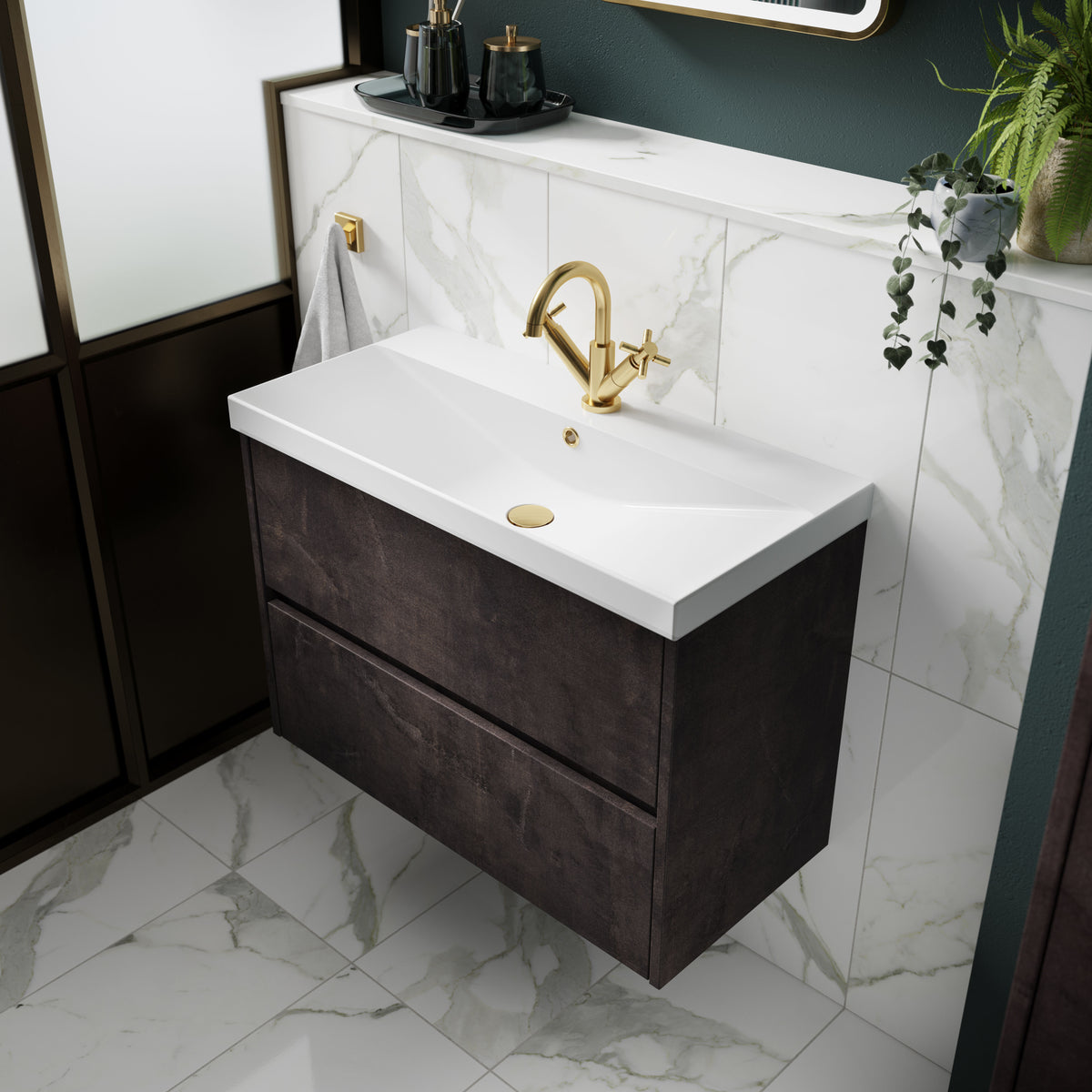 Modern Splash 600mm Metallic Slate 2 Drawer Wall Hung Vanity Unit With Thin Edge Basin