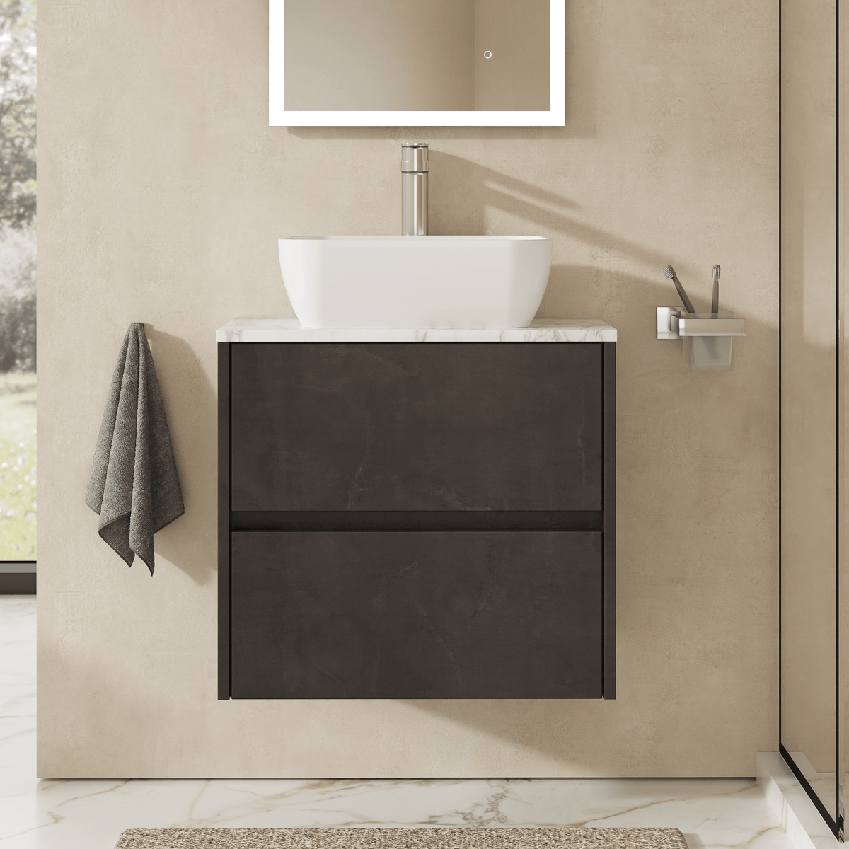 Modern Splash 600mm Metallic Slate 2 Drawer Wall Hung Vanity Unit With Carrara Laminate Worktop