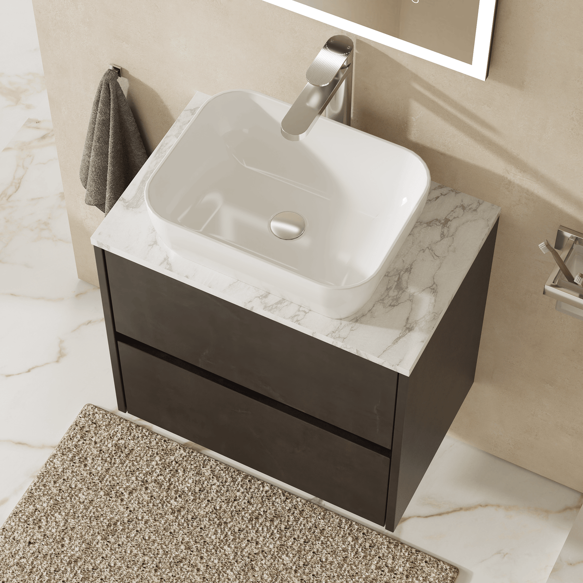 Modern Splash 600mm Metallic Slate 2 Drawer Wall Hung Vanity Unit With Carrara Laminate Worktop