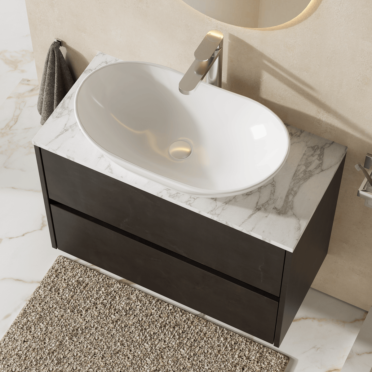 Modern Splash 800mm Metallic Slate 2 Drawer Wall Hung Vanity Unit With Carrara Laminate Worktop