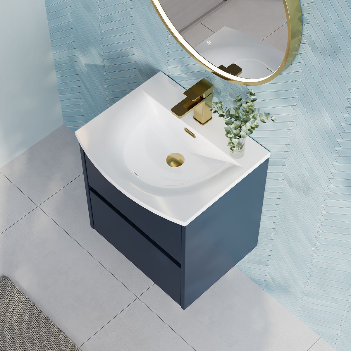 Modern Splash 500mm Midnight Blue 2 Drawer Wall Hung Vanity Unit With U-Shaped Curved Basin