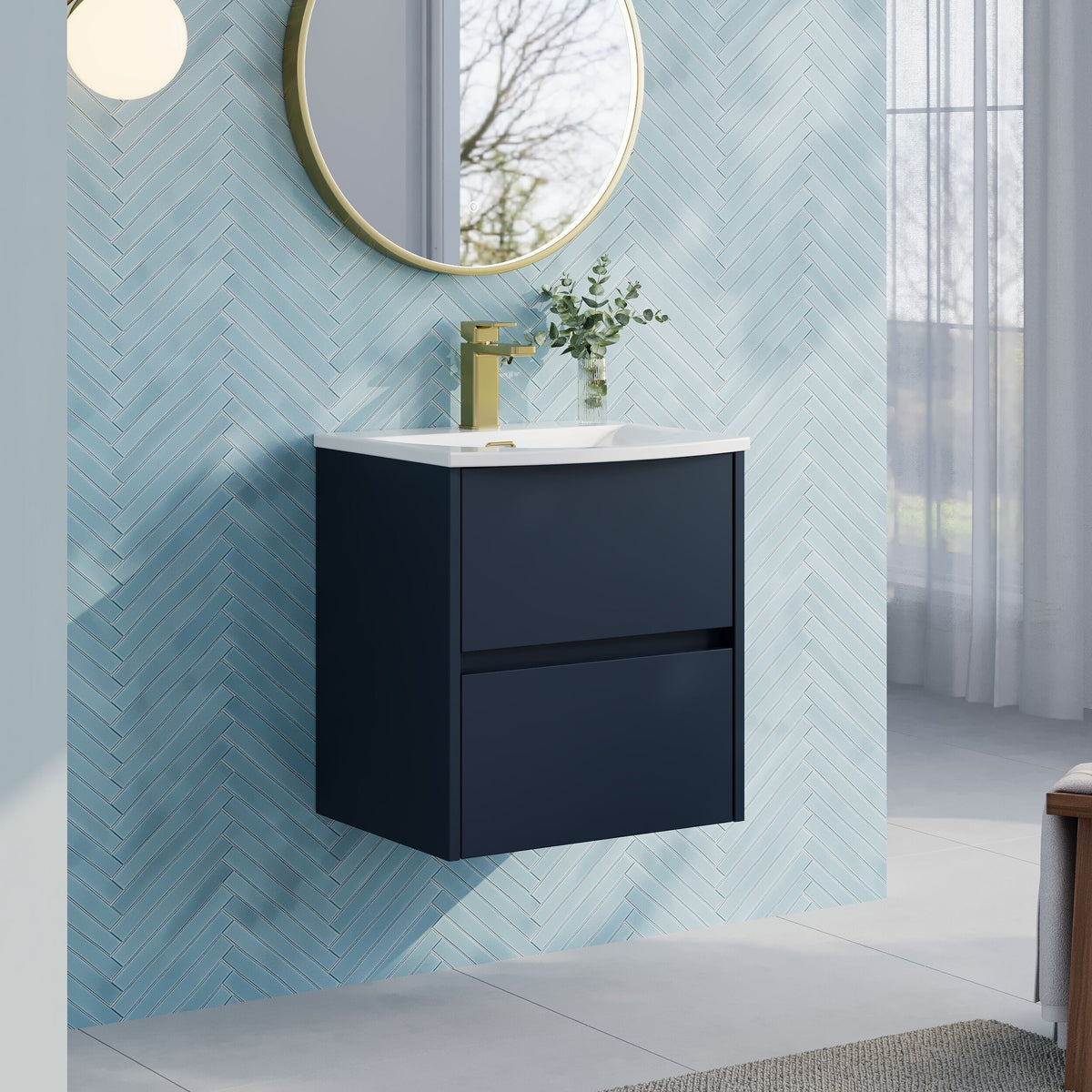 Modern Splash 500mm Midnight Blue 2 Drawer Wall Hung Vanity Unit With U-Shaped Curved Basin