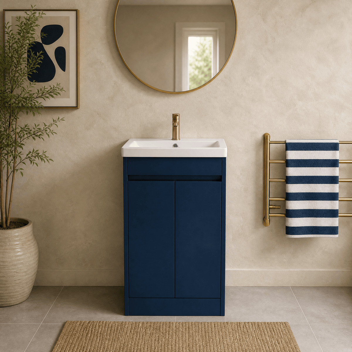 Modern Splash 600mm Indigo Blue 2 Door Floor Standing Vanity Unit With Mid-Edge Basin