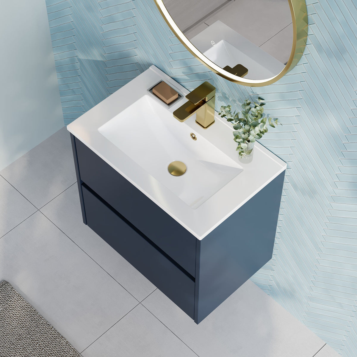 Modern Splash 600mm Midnight Blue 2 Drawer Wall Hung Vanity Unit With Minimalist Basin
