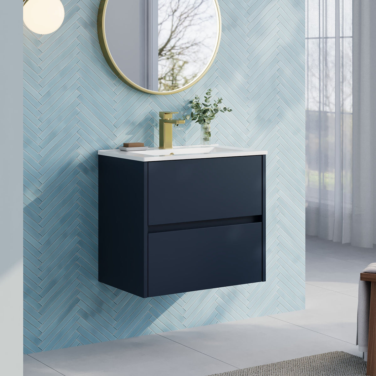 Modern Splash 600mm Midnight Blue 2 Drawer Wall Hung Vanity Unit With Minimalist Basin