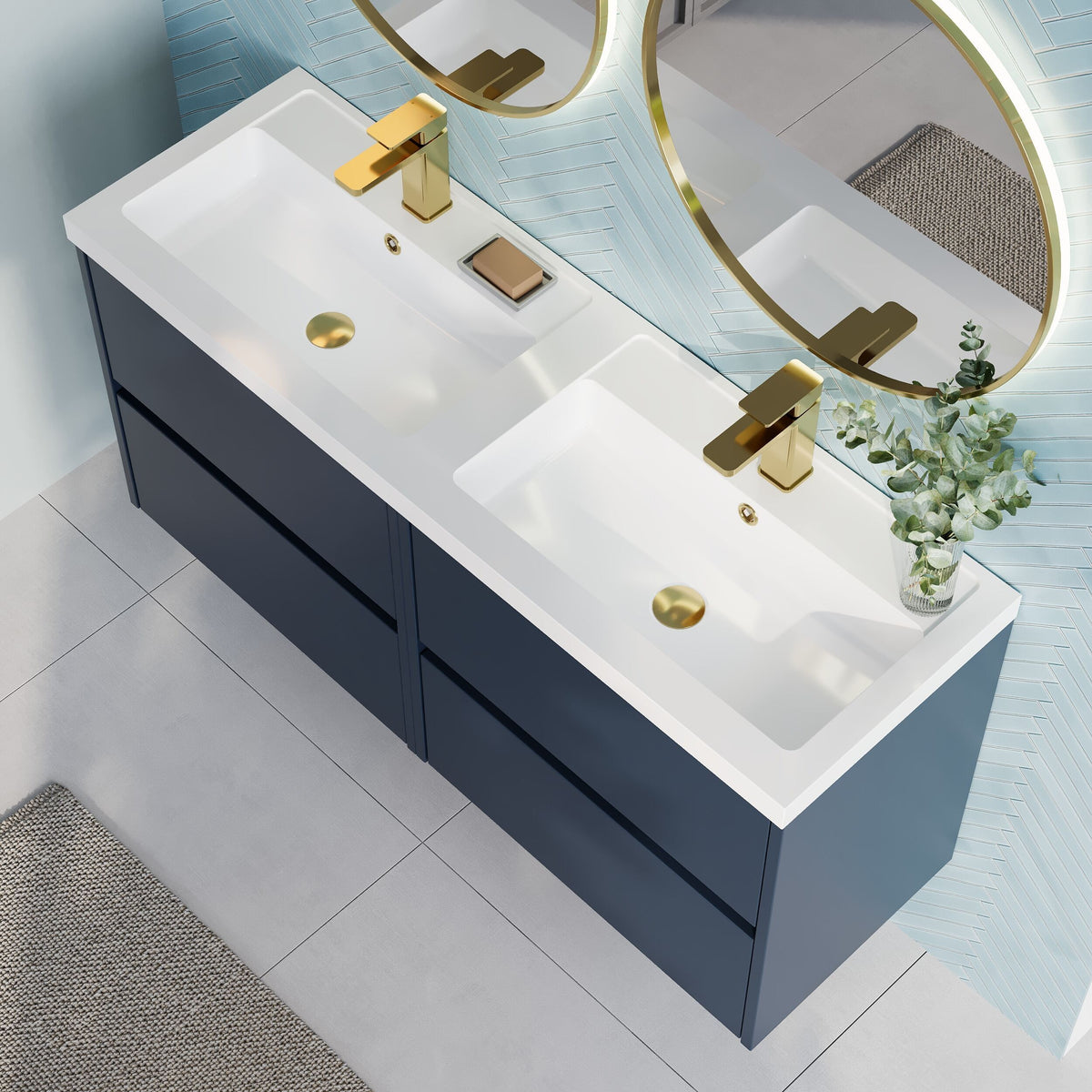 Modern Splash 1200mm Midnight Blue 4 Drawer Wall Hung Vanity Unit With 2 Tap Hole Polymarble basin