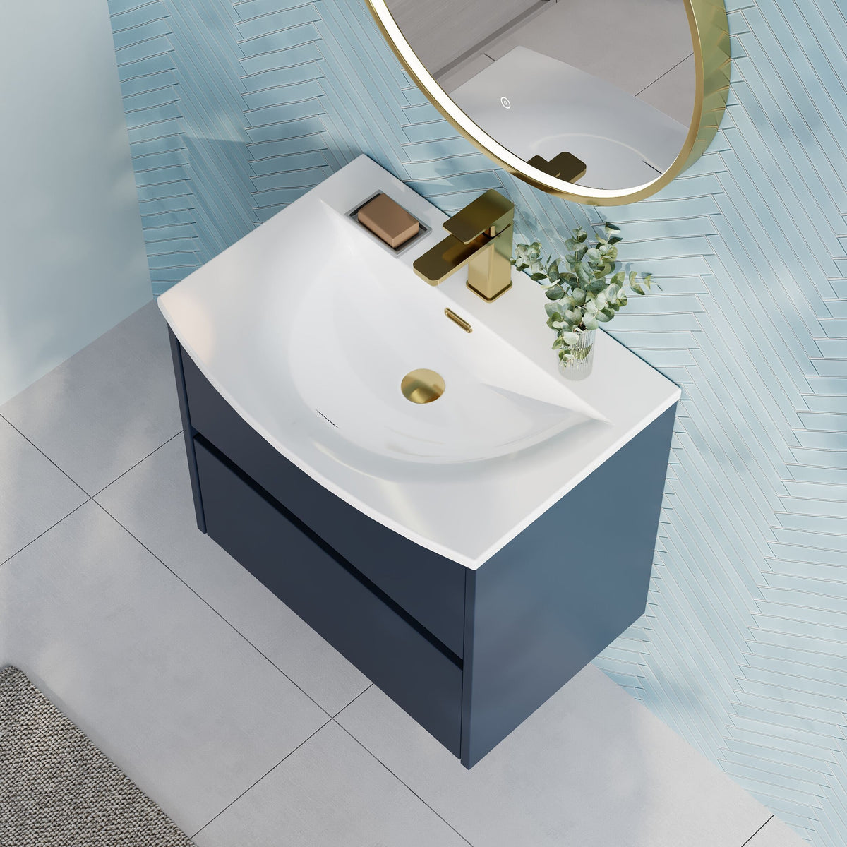 Modern Splash 600mm Midnight Blue 2 Drawer Wall Hung Vanity Unit With U-Shaped Curved Basin