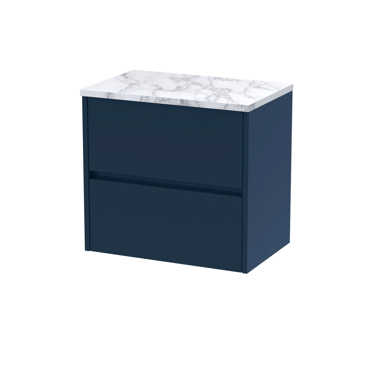 Modern Splash 600mm Midnight Blue 2 Drawer Wall Hung Vanity Unit With Carrara Laminate Worktop