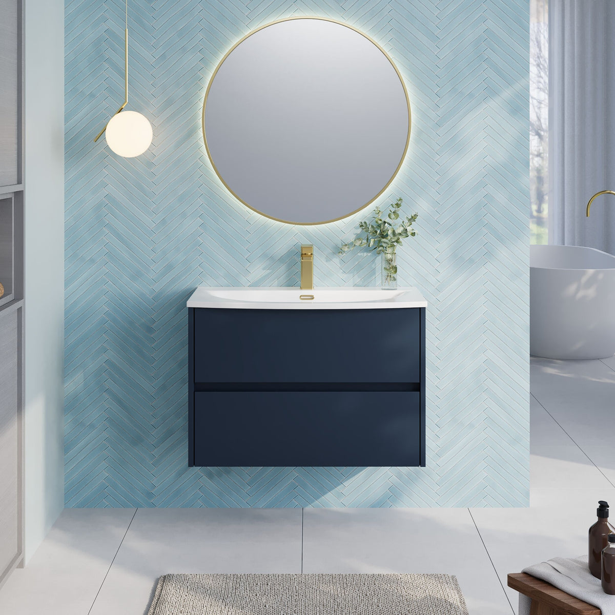 Modern Splash 800mm Midnight Blue 2 Drawer Wall Hung Vanity Unit With U-Shaped Curved Basin