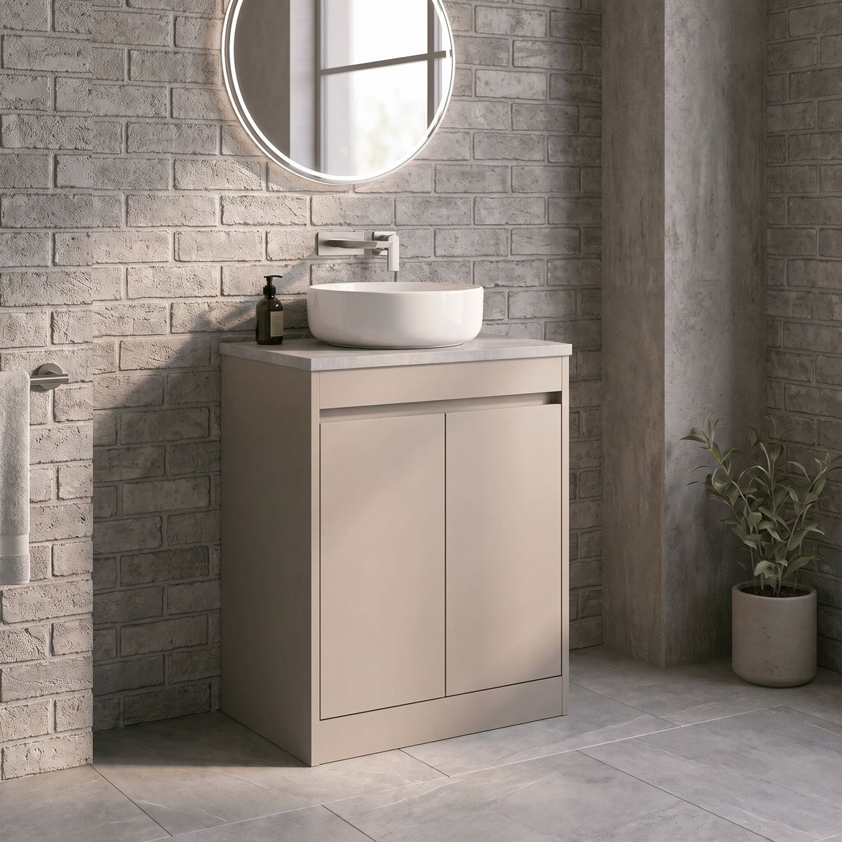 Modern Splash 600mm Soft Linen 2 Door Floor Standing Vanity Unit With Bellato Grey Worktop