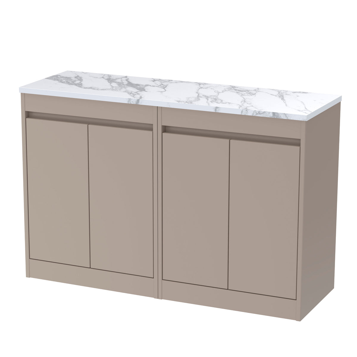 Modern Splash 1200mm Soft Linen 4 Door Floor Standing Vanity Unit With Carrera Marble Worktop