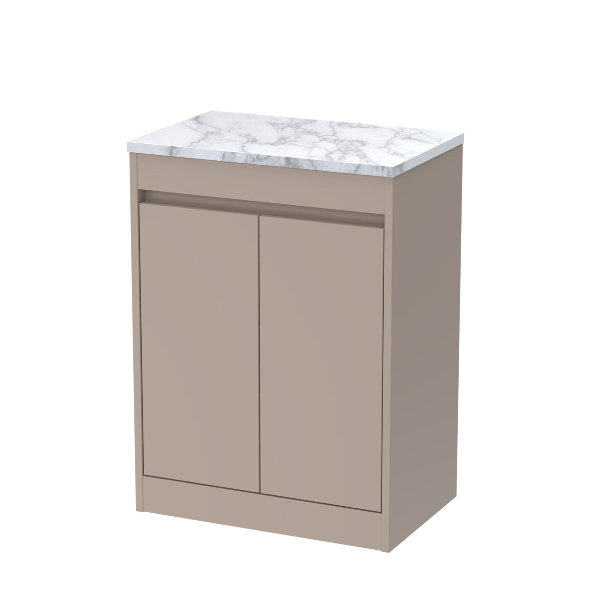 Modern Splash 600mm Soft Linen 2 Door Floor Standing Vanity Unit With Carrera Marble Worktop