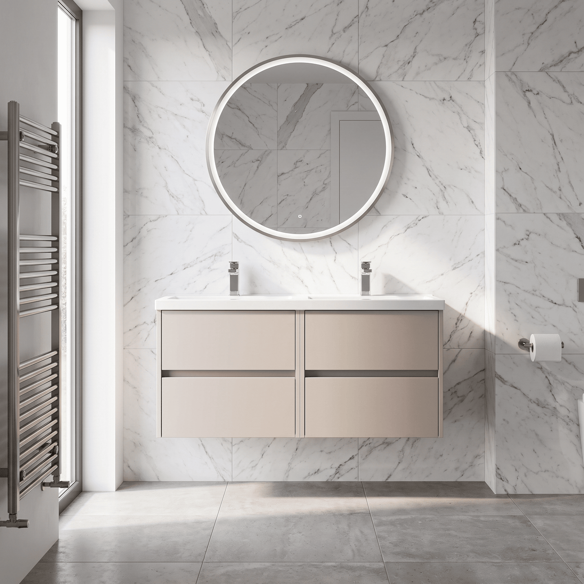 Modern Splash 1200mm Soft linen 4 Drawer Wall Hung Vanity Unit With 2 Tap Hole Polymarble basin