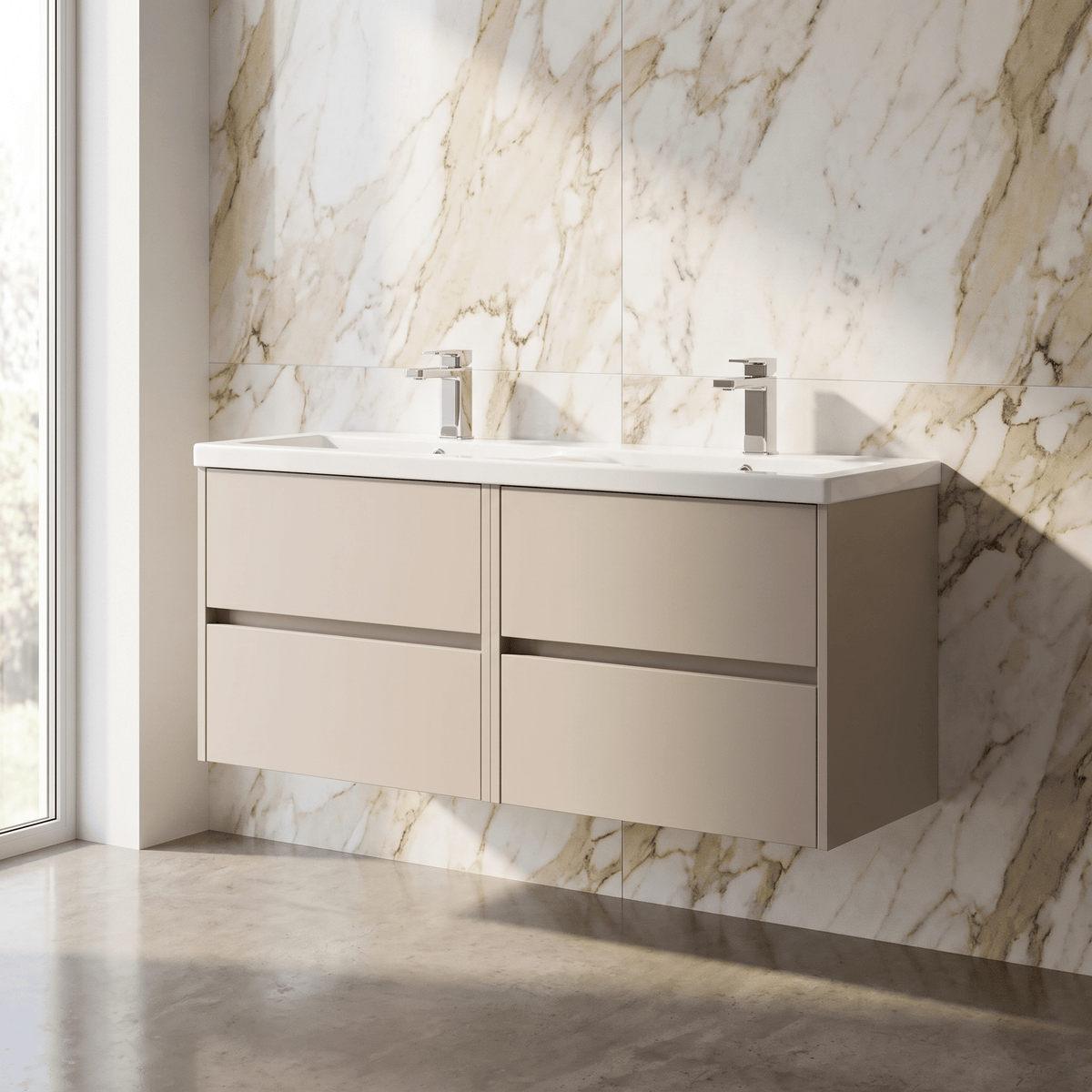 Modern Splash 1200mm Soft linen 4 Drawer Wall Hung Vanity Unit With 2 Tap Hole Ceramic Basin