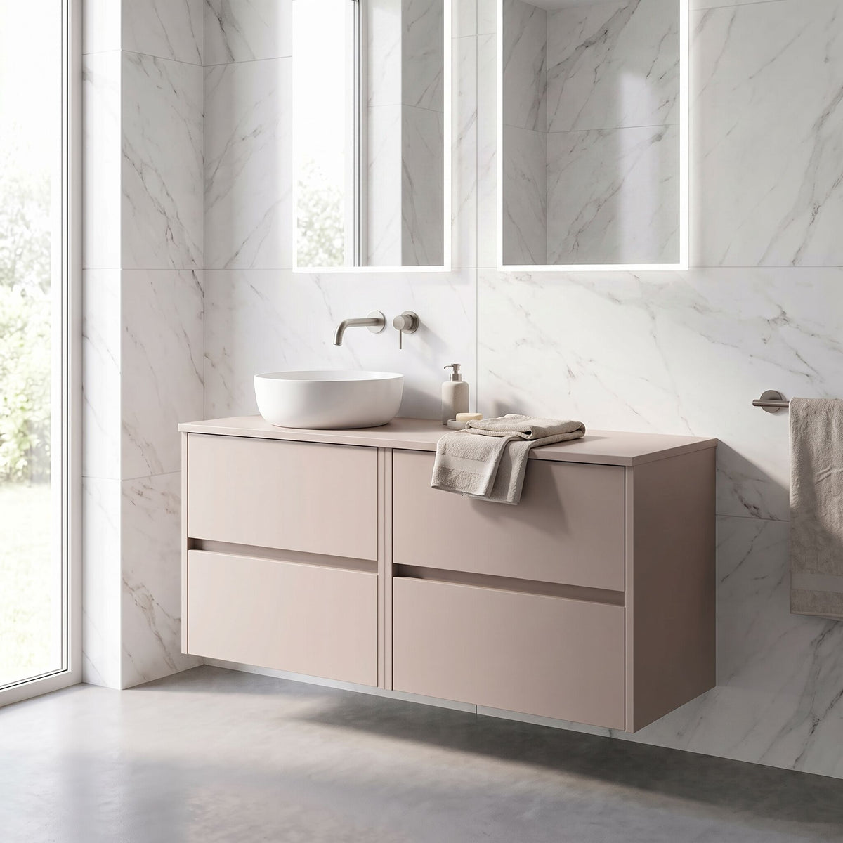 Modern Splash 1200mm Soft linen 4 Drawer Wall Hung Vanity Unit With Co-ordinating Worktop