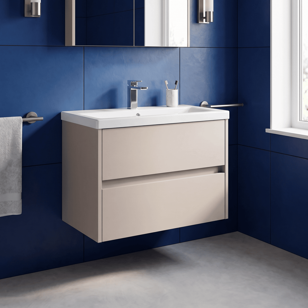 Modern Splash 800mm Soft linen 2 Drawer Wall Hung Vanity Unit With Mid-Edge Basin