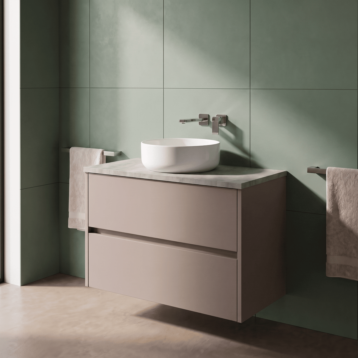 Modern Splash 800mm Soft linen 2 Drawer Wall Hung Vanity Unit With Bellato Grey Worktop