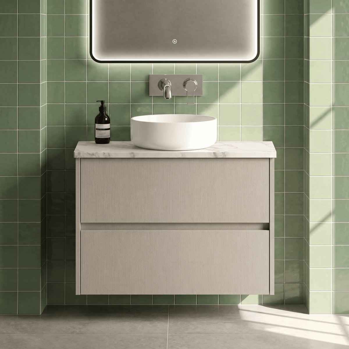Modern Splash 800mm Soft linen 2 Drawer Wall Hung Vanity Unit With Carrara Laminate Worktop