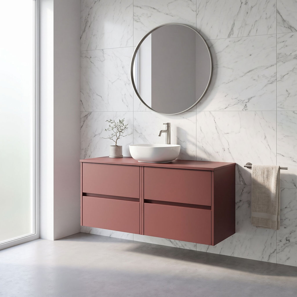 Modern Splash 1200mm Smoked Red 4 Drawer Wall Hung Vanity Unit With Co-ordinating Worktop