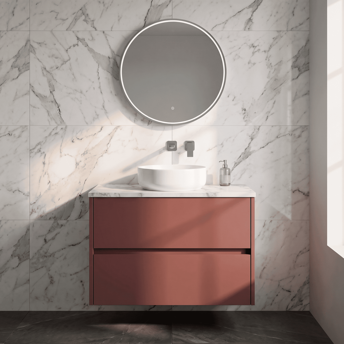 Modern Splash 800mm Smoked Red 2 Drawer Wall Hung Vanity Unit With Carrara Laminate Worktop