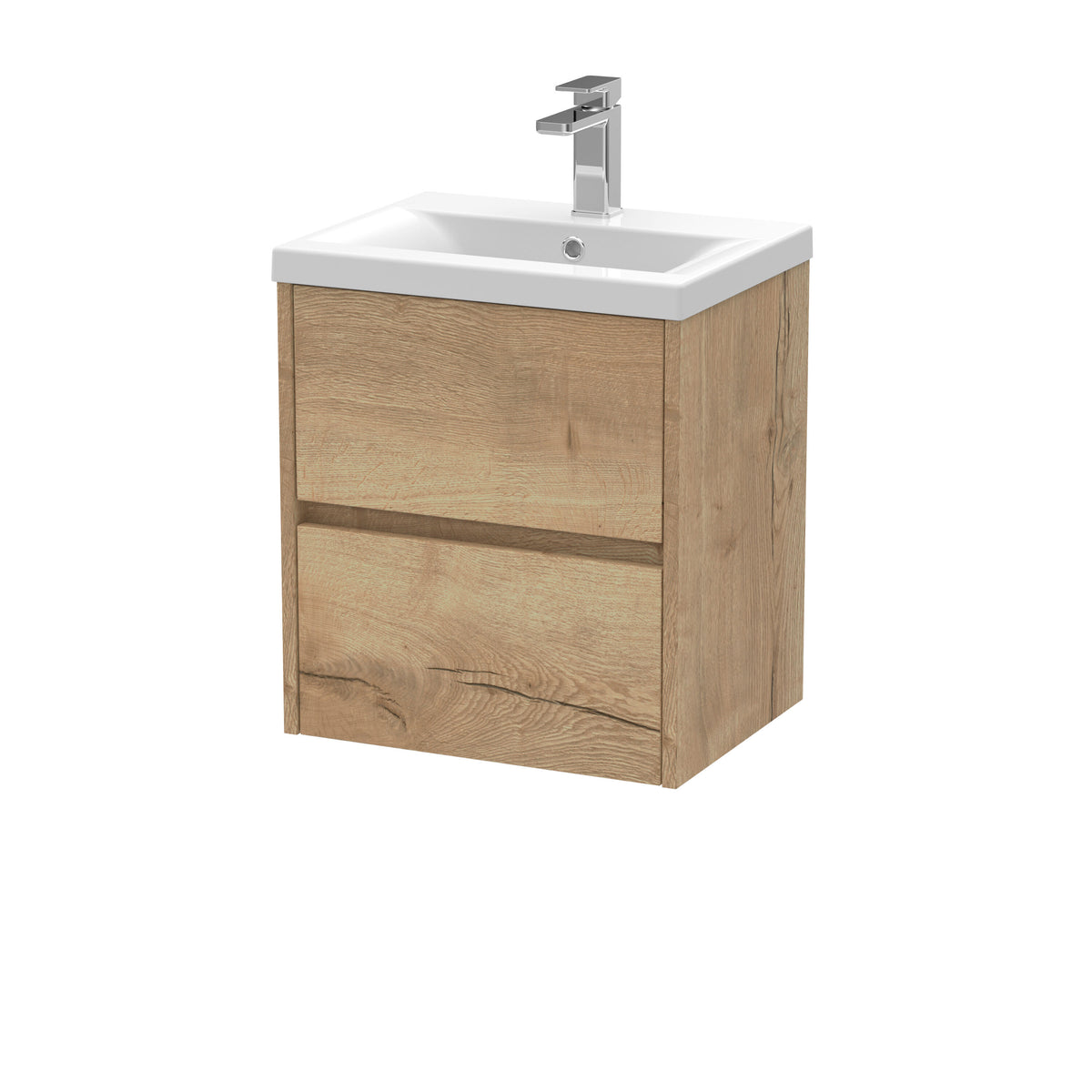 Modern Splash 500mm Autumn Oak 2 Drawer Wall Hung Vanity Unit With Mid-Edge Basin