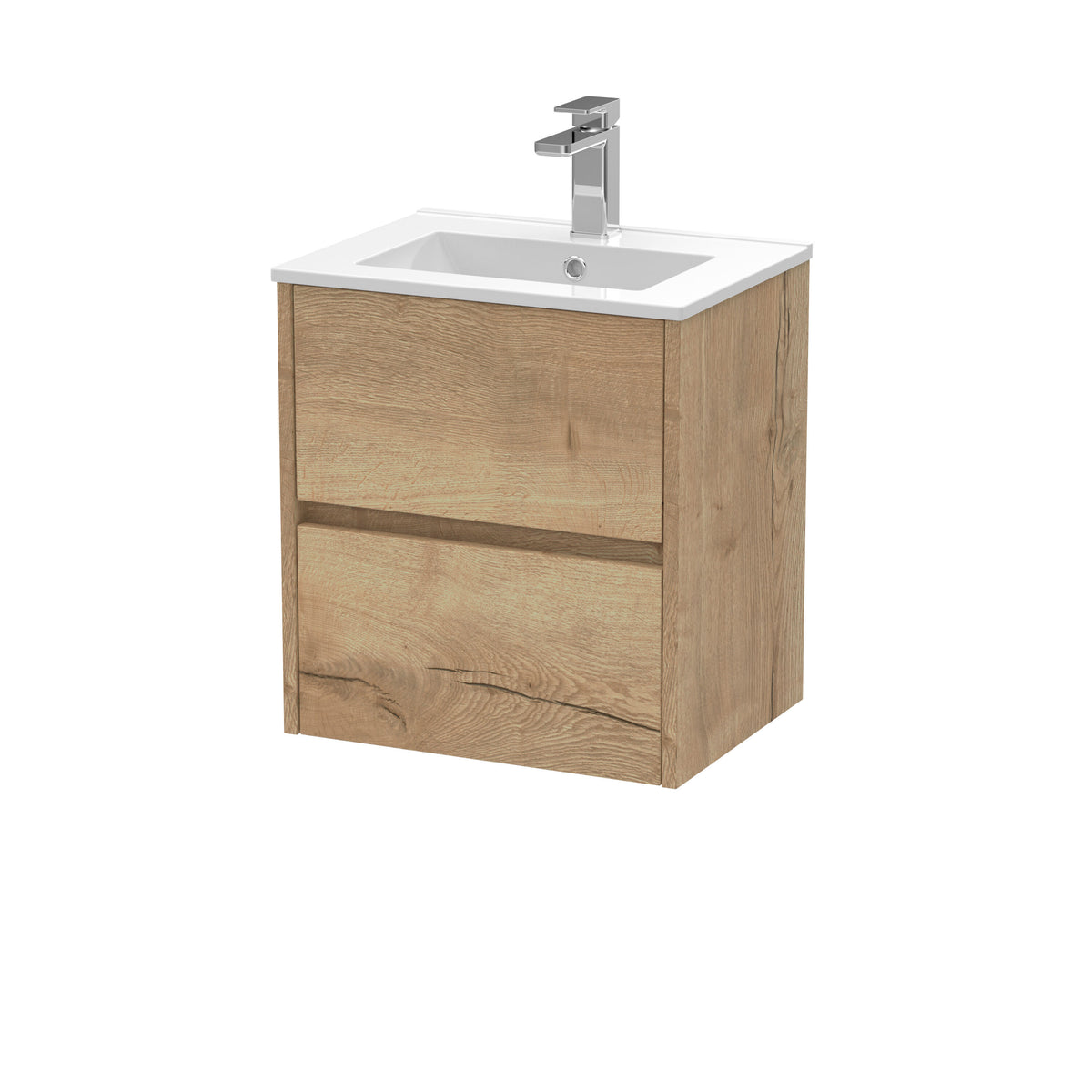 Modern Splash 500mm Autumn Oak 2 Drawer Wall Hung Vanity Unit With Minimalist Basin