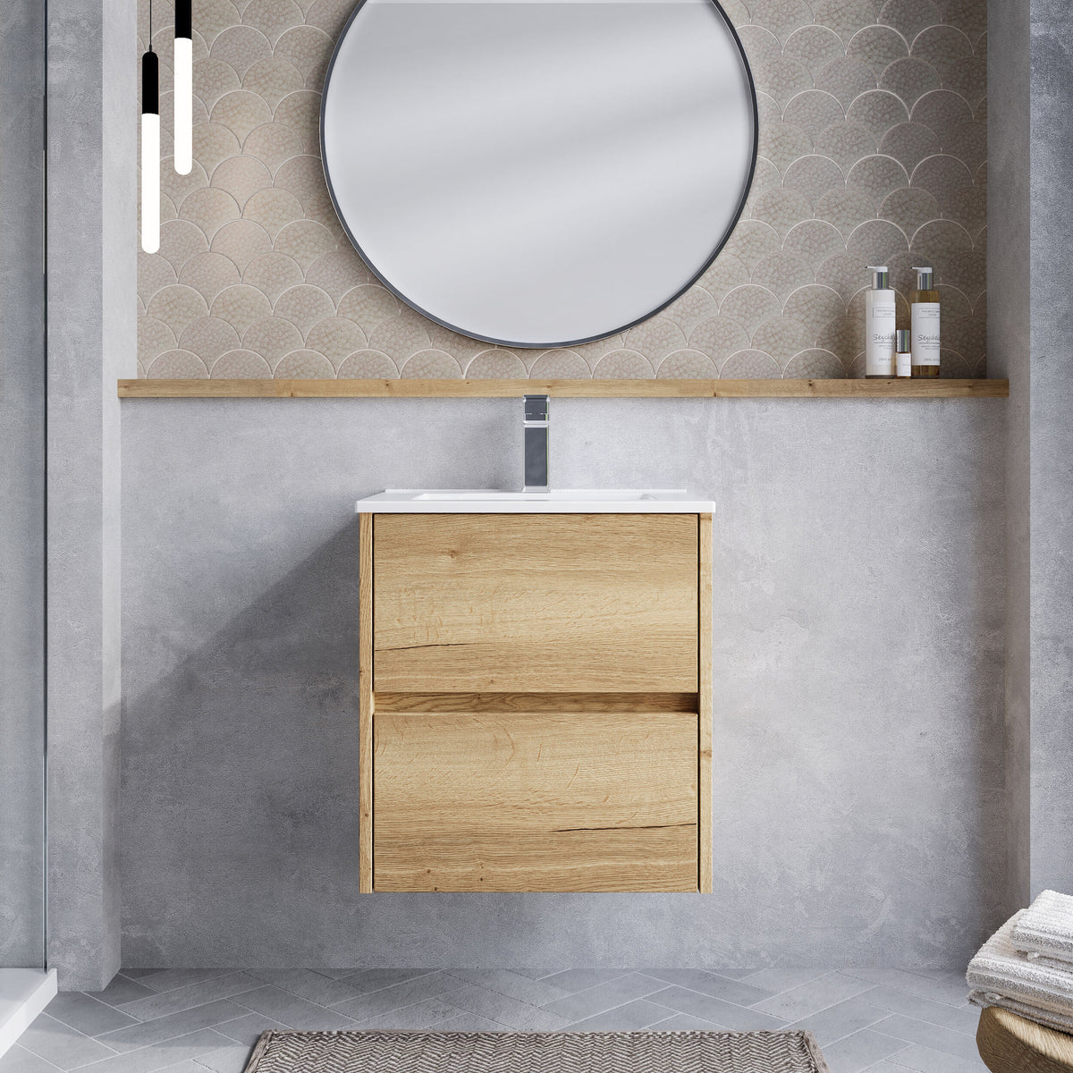Modern Splash 500mm Autumn Oak 2 Drawer Wall Hung Vanity Unit With Minimalist Basin