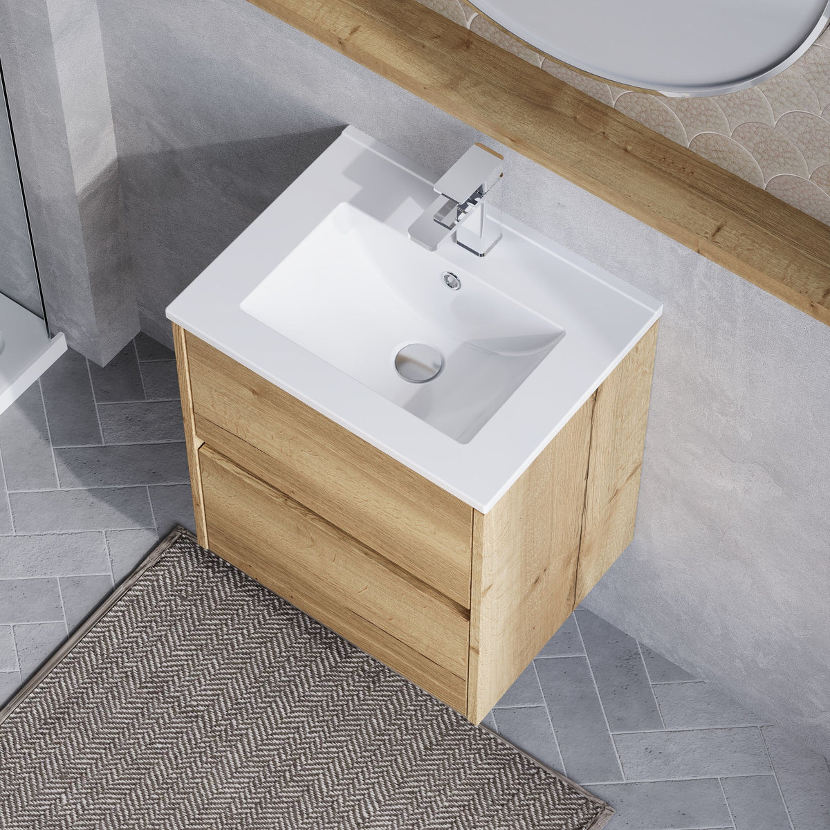 Modern Splash 500mm Autumn Oak 2 Drawer Wall Hung Vanity Unit With Minimalist Basin