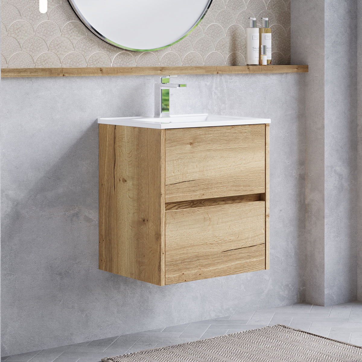 Modern Splash 500mm Autumn Oak 2 Drawer Wall Hung Vanity Unit With Minimalist Basin