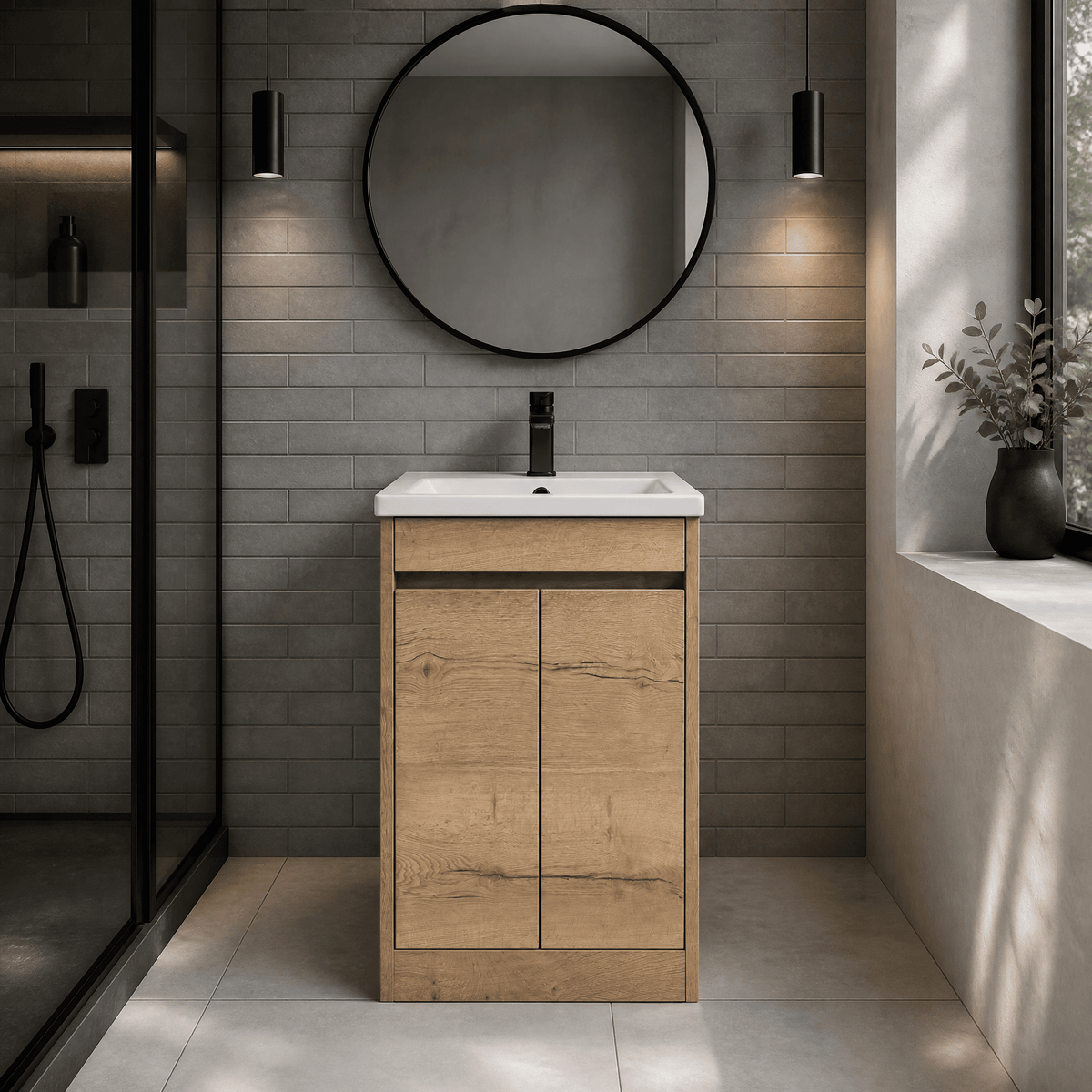 Modern Splash 600mm Autumn Oak 2 Door Floor Standing Vanity Unit With Minimilist Basin