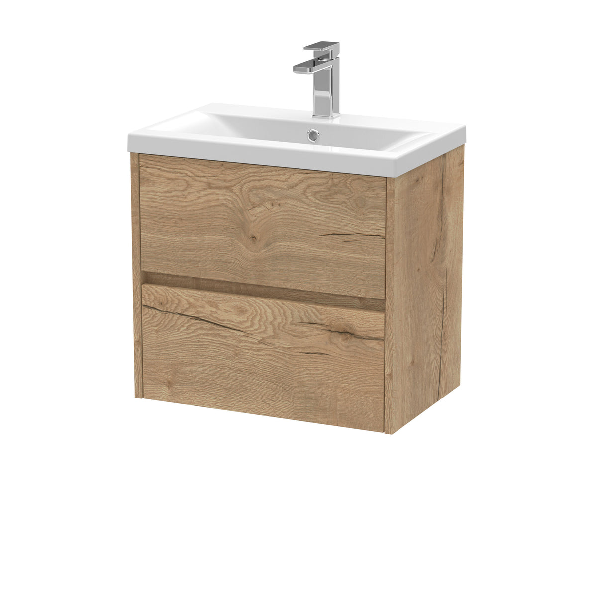 Modern Splash 600mm Autumn Oak 2 Drawer Wall Hung Vanity Unit With Mid-Edge Basin