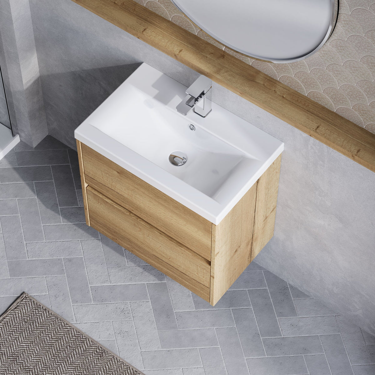 Modern Splash 600mm Autumn Oak 2 Drawer Wall Hung Vanity Unit With Mid-Edge Basin