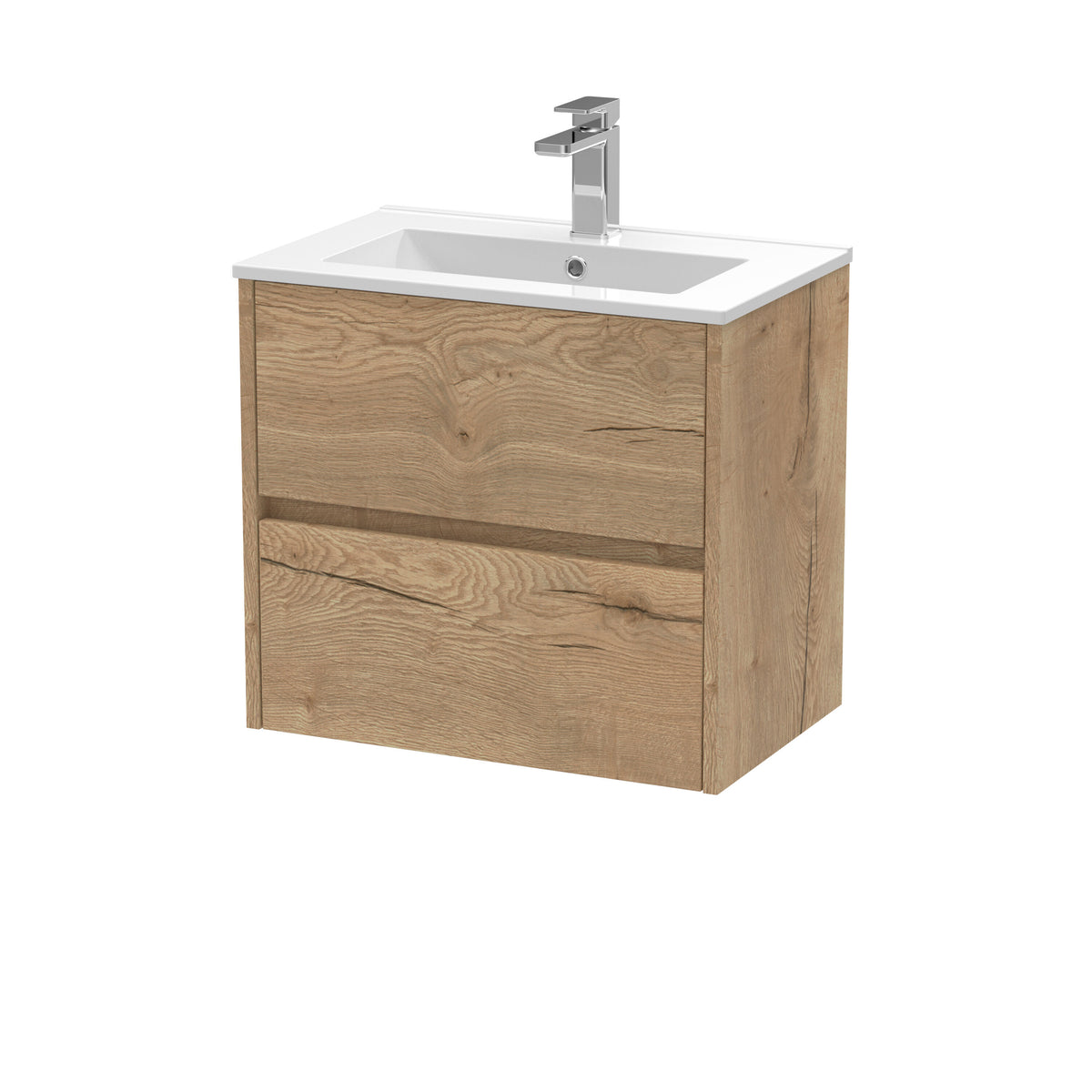 Modern Splash 600mm Autumn Oak 2 Drawer Wall Hung Vanity Unit With Minimalist Basin