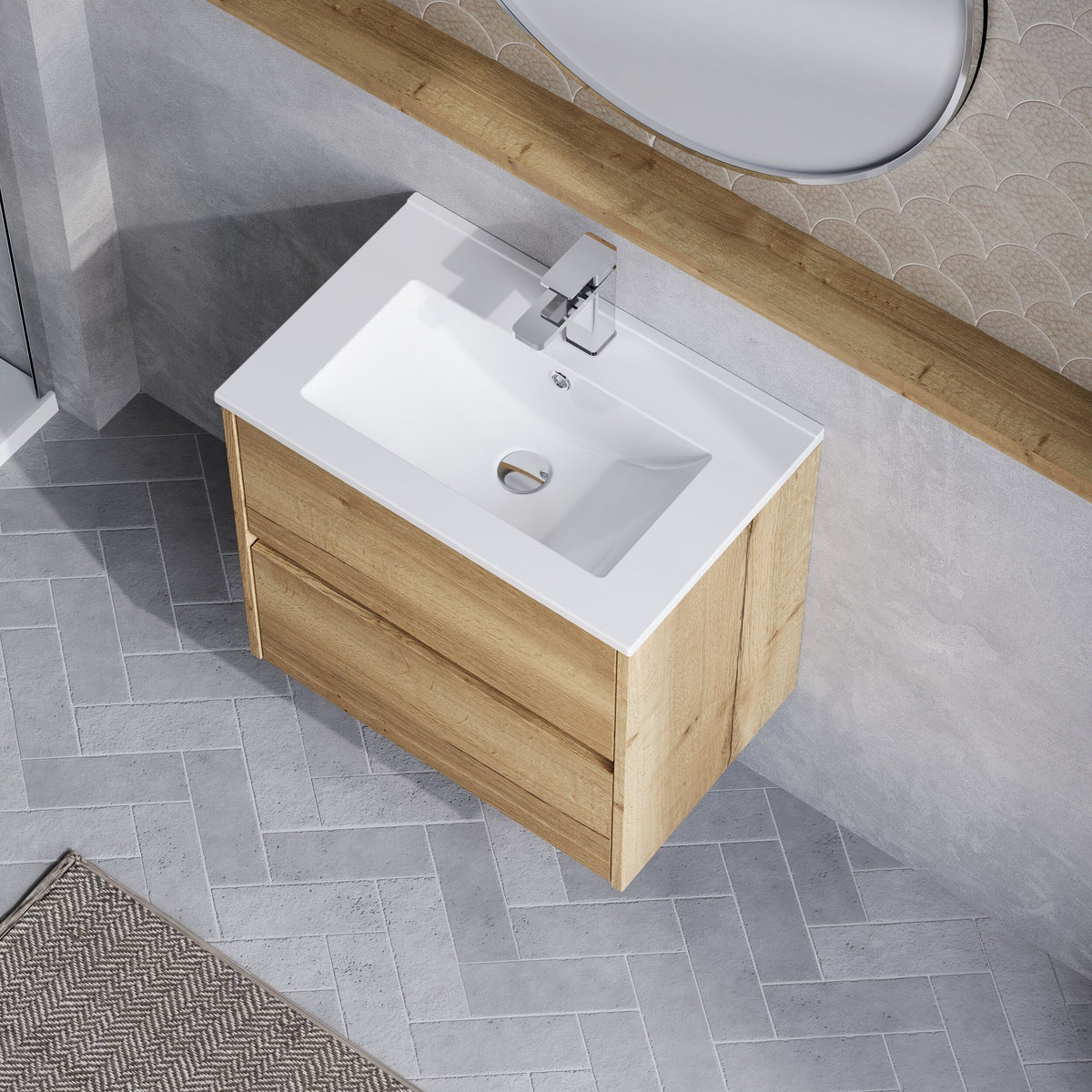Modern Splash 600mm Autumn Oak 2 Drawer Wall Hung Vanity Unit With Minimalist Basin