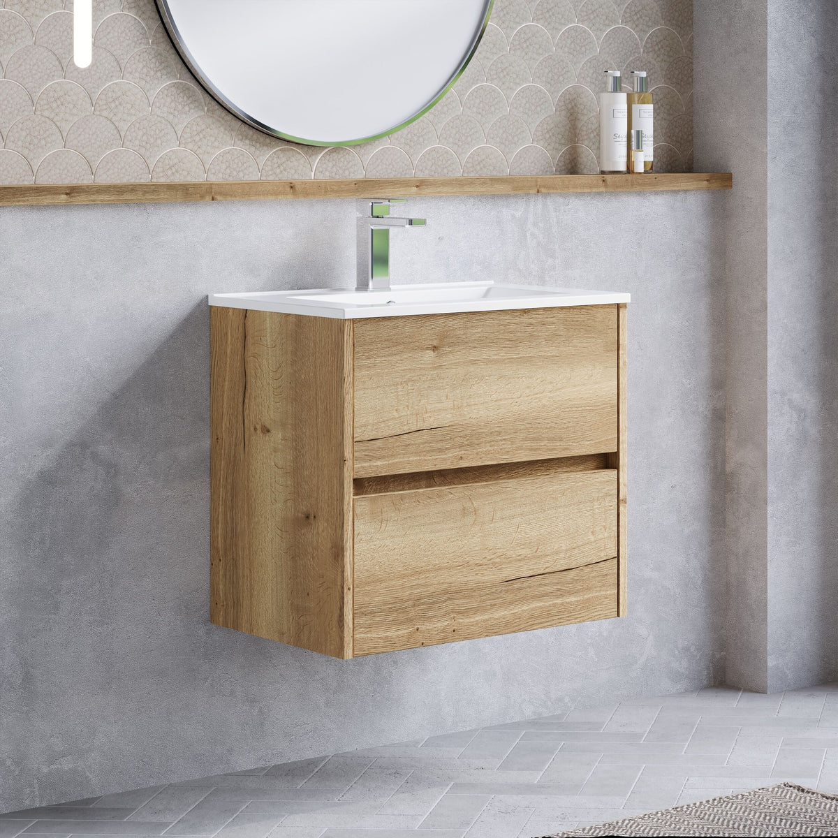 Modern Splash 600mm Autumn Oak 2 Drawer Wall Hung Vanity Unit With Minimalist Basin