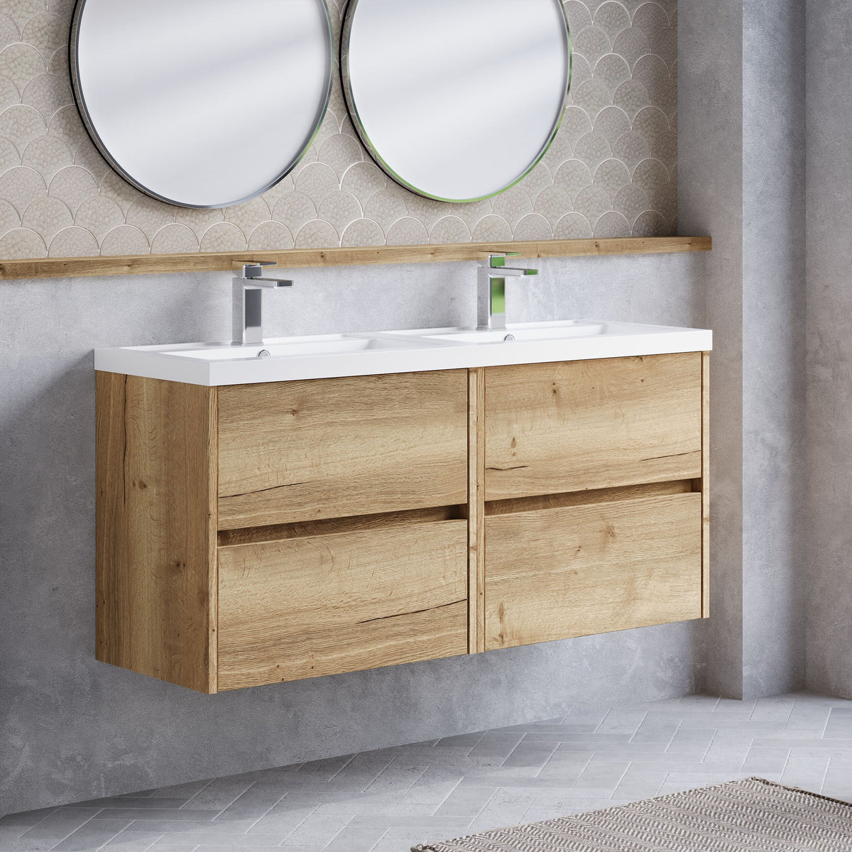 Modern Splash 1200mm Autumn Oak 4 Drawer Wall Hung Vanity Unit With 2 Tap Hole Polymarble basin