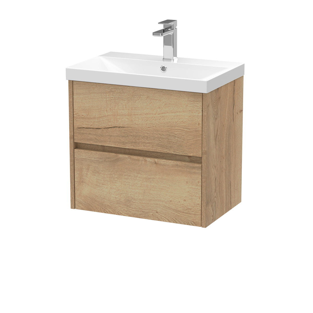 Modern Splash 600mm Autumn Oak 2 Drawer Wall Hung Vanity Unit With Thin Edge Basin