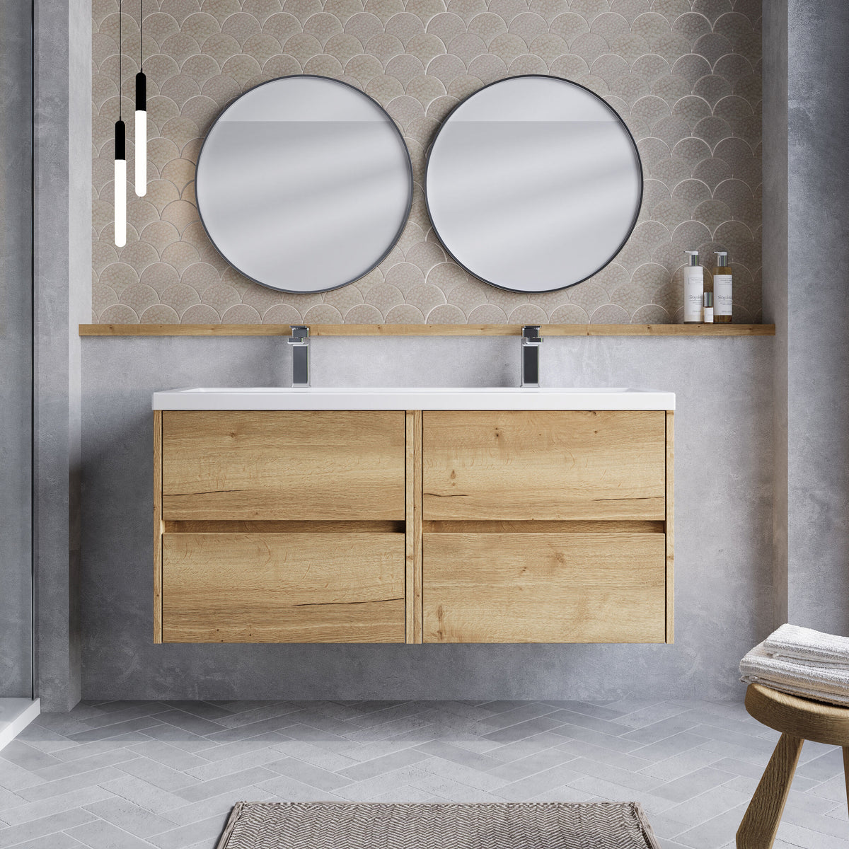 Modern Splash 1200mm Autumn Oak 4 Drawer Wall Hung Vanity Unit With 2 Tap Hole Ceramic Basin