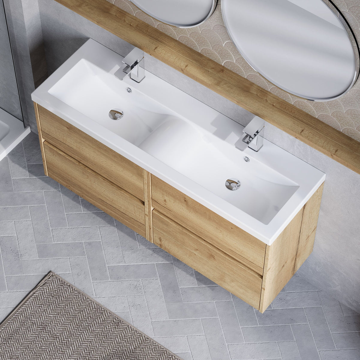 Modern Splash 1200mm Autumn Oak 4 Drawer Wall Hung Vanity Unit With 2 Tap Hole Ceramic Basin
