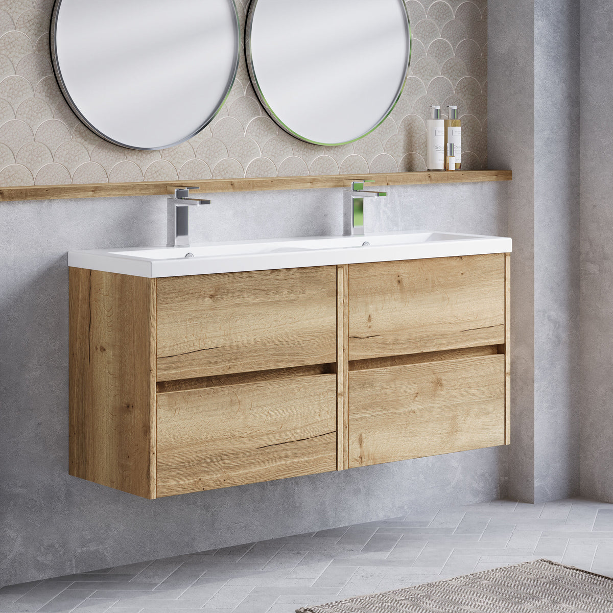 Modern Splash 1200mm Autumn Oak 4 Drawer Wall Hung Vanity Unit With 2 Tap Hole Ceramic Basin