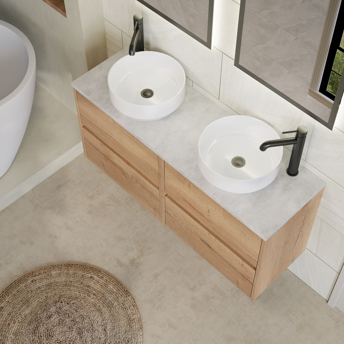 Modern Splash 1200mm Autumn Oak 4 Drawer Wall Hung Vanity Unit With Bellato Grey Worktop