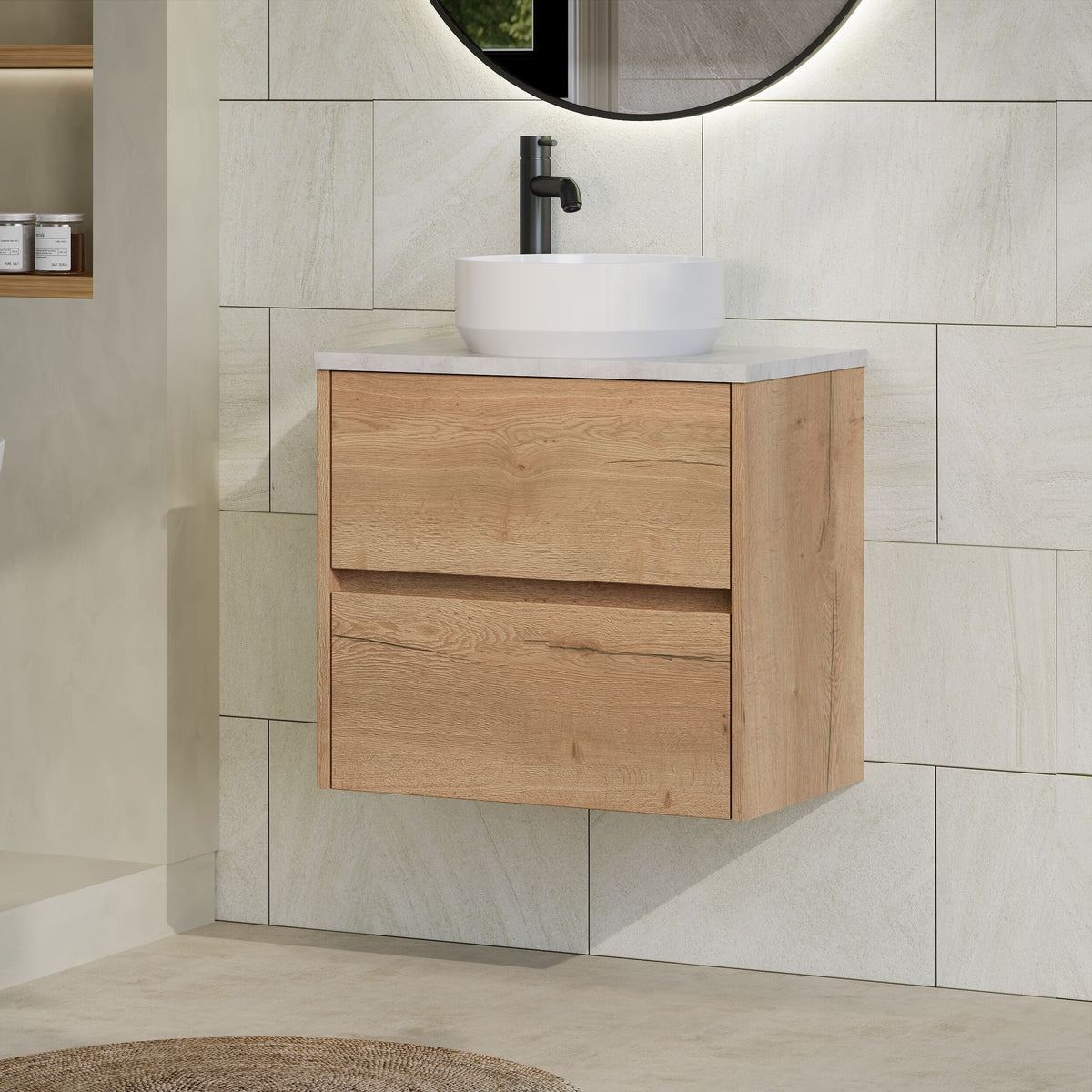 Modern Splash 600mm Autumn Oak 2 Drawer Wall Hung Vanity Unit With Bellato Grey Worktop