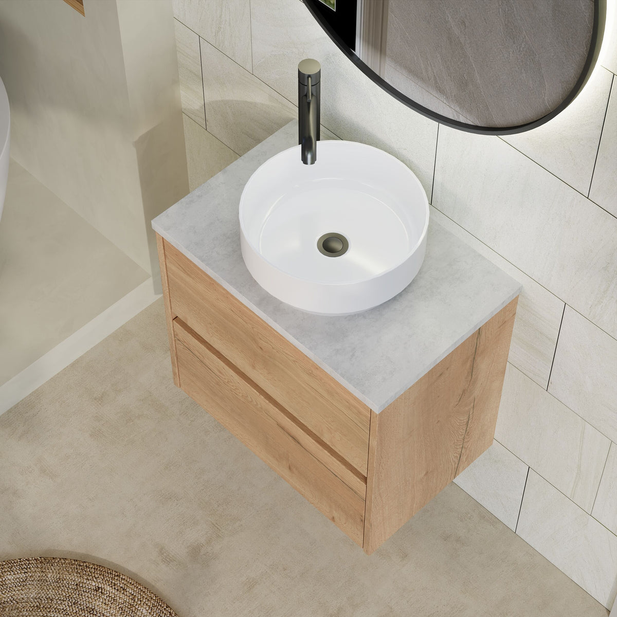 Modern Splash 600mm Autumn Oak 2 Drawer Wall Hung Vanity Unit With Bellato Grey Worktop