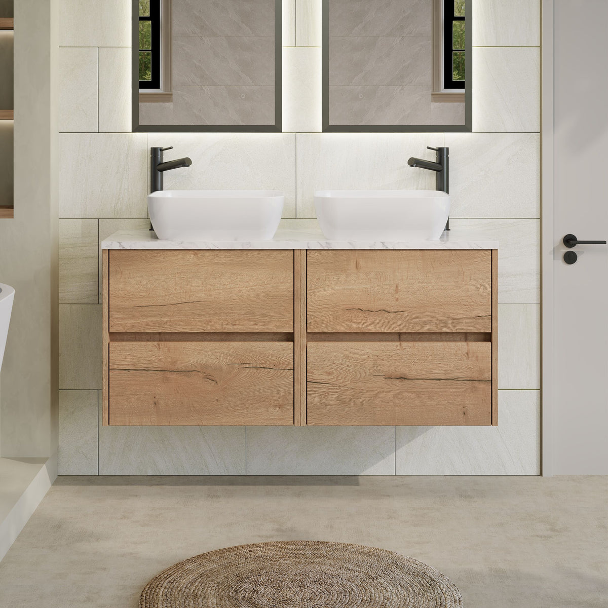 Modern Splash 1200mm Autumn Oak 4 Drawer Wall Hung Vanity With Carrara Laminate Worktop